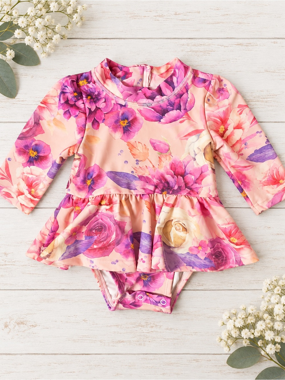 Posh Peanut Baby Girl Floral Long Sleeve Rash Guard Swimsuit 6-12M EXCELLENT